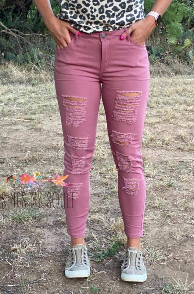 Mauve Distressed Skinnies