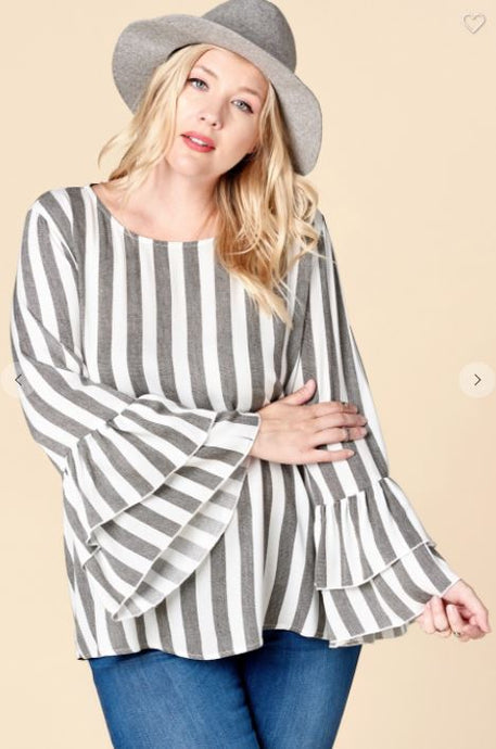 White and Grey Stripped long sleeve with Bell Sleeves