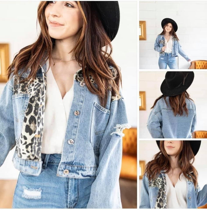 Distressed cheetah denim jacket