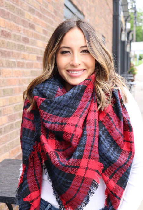 Navy and Red Plaid Blanket Scarf