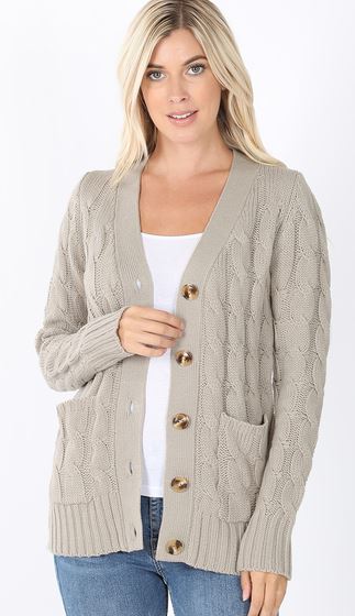 CABLE KNIT BUTTON CARDIGAN WITH POCKETS